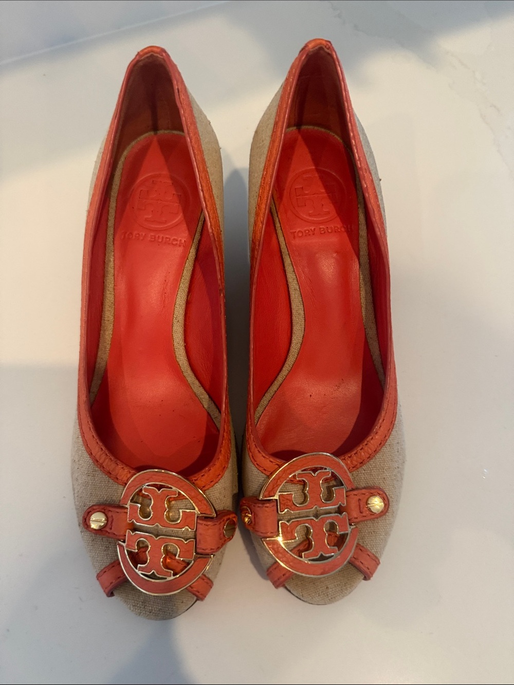 Tory Burch Women's Beige and Orange Logo Ballet Flats